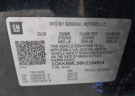 2019 GMC Acadia Slt-1 из США, поврежденный, VIN 1GKKNMLS8KZ184914